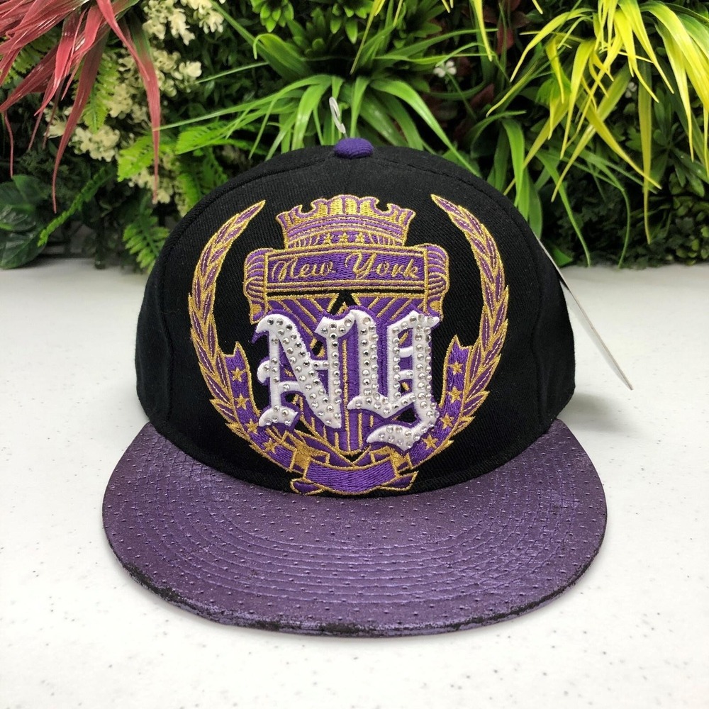 KB ETHOS New York Hat Cap Fitted Mens XL Black Purple Rhinestone Embroidered